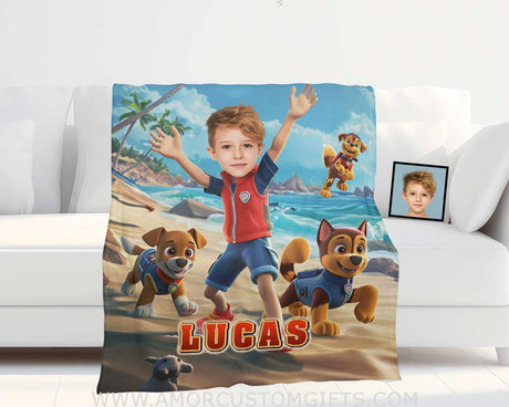 Blankets Personalized Dog Patrol Puppies Adventure Summer Beach Volleyball Boy Photo Blanket | Custom Name & Face Boy Blanket