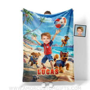 Blankets Personalized Dog Patrol Puppies Adventure Summer Beach Volleyball Boy Photo Blanket | Custom Name & Face Boy Blanket