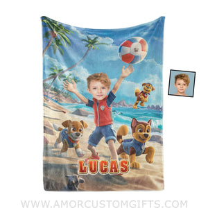 Blankets Personalized Dog Patrol Puppies Adventure Summer Beach Volleyball Boy Photo Blanket | Custom Name & Face Boy Blanket