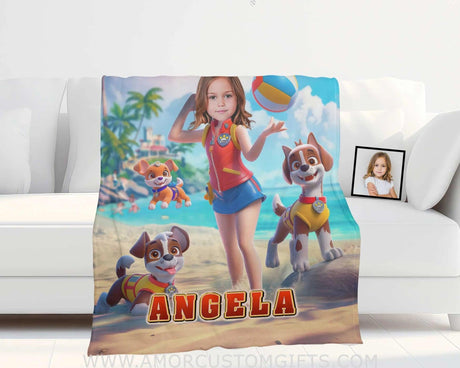 Personalized Dog Patrol Puppies Adventure Summer Beach Volleyball Girl Photo Blanket Blankets