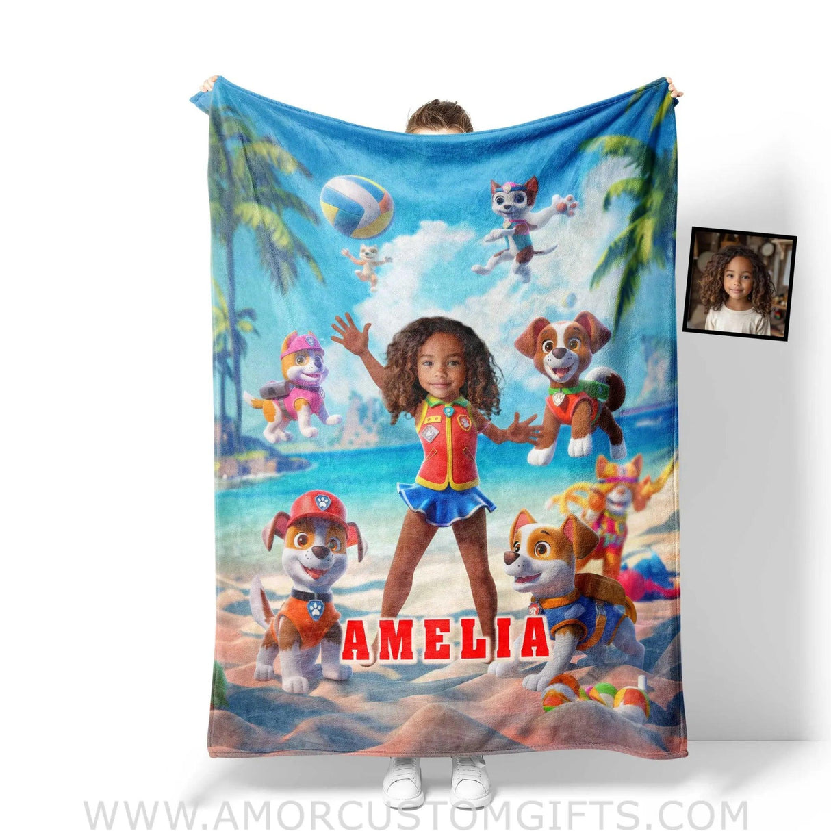 Personalized Dog Patrol Puppies Adventure Summer Beach Volleyball Girl Photo Blanket Blankets