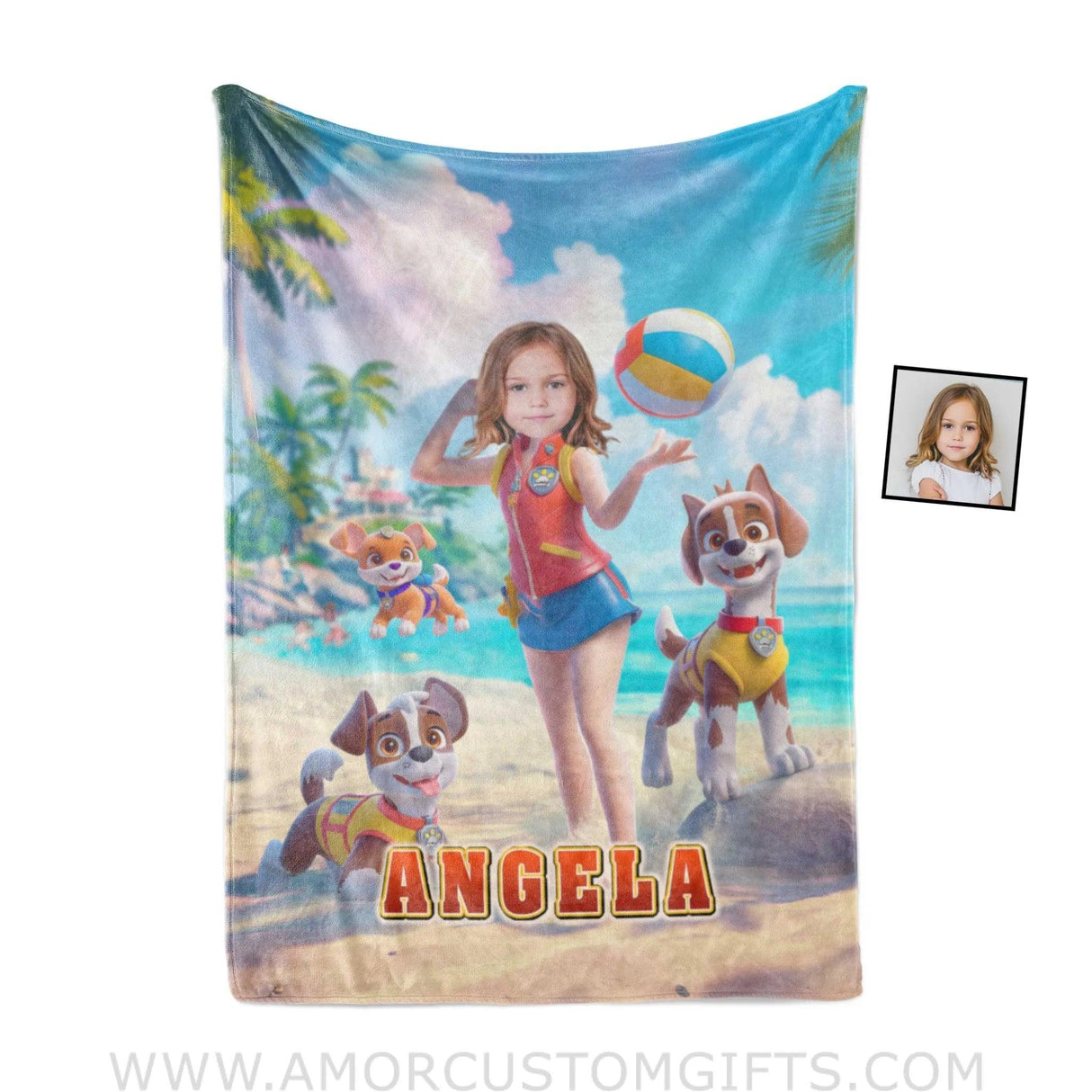 Personalized Dog Patrol Puppies Adventure Summer Beach Volleyball Girl Photo Blanket Blankets