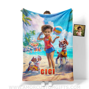 Personalized Dog Patrol Puppies Adventure Summer Beach Volleyball Girl Photo Blanket Blankets