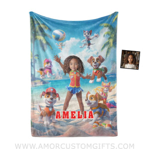 Personalized Dog Patrol Puppies Adventure Summer Beach Volleyball Girl Photo Blanket Blankets