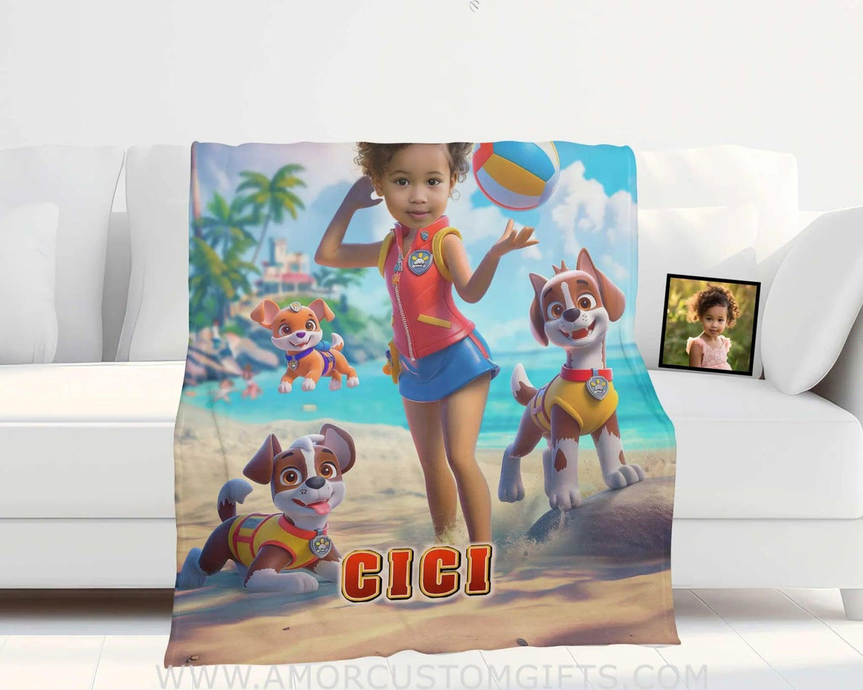 Personalized Dog Patrol Puppies Adventure Summer Beach Volleyball Girl Photo Blanket Blankets