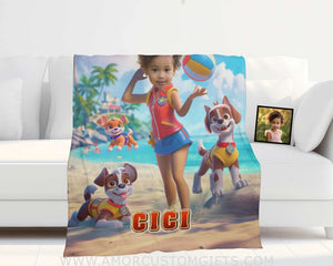 Personalized Dog Patrol Puppies Adventure Summer Beach Volleyball Girl Photo Blanket Blankets