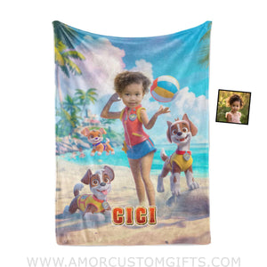 Personalized Dog Patrol Puppies Adventure Summer Beach Volleyball Girl Photo Blanket Blankets