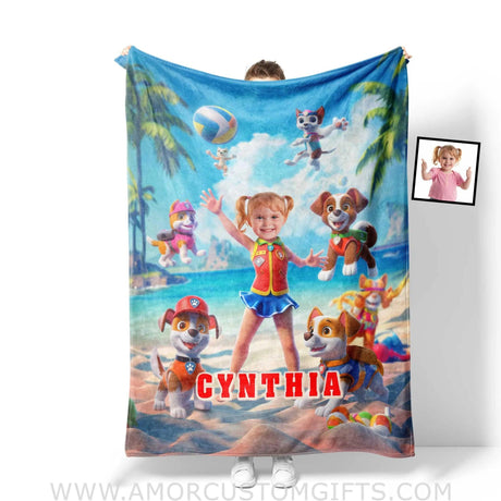 Personalized Dog Patrol Puppies Adventure Summer Beach Volleyball Girl Photo Blanket Blankets