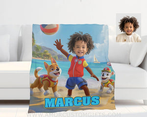 Blankets Personalized Dog Patrol Puppies Adventure Summer Beach Volleyball Photo Blanket | Custom Name & Face Boy Blanket