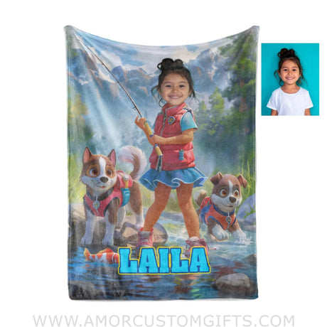 Blankets Personalized Dog Patrol Puppies Adventure Summer Fishing Girl Blanket | Custom Name & Face Girl Blanket