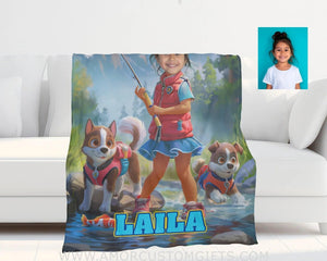 Blankets Personalized Dog Patrol Puppies Adventure Summer Fishing Girl Blanket | Custom Name & Face Girl Blanket