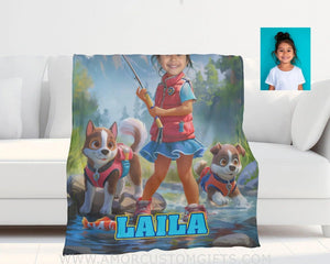 Blankets Personalized Dog Patrol Puppies Adventure Summer Fishing Girl Blanket | Custom Name & Face Girl Blanket