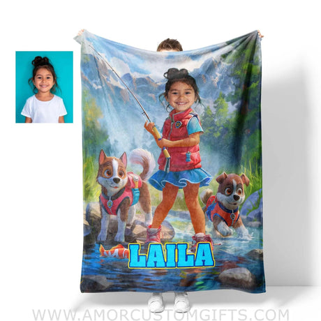 Blankets Personalized Dog Patrol Puppies Adventure Summer Fishing Girl Blanket | Custom Name & Face Girl Blanket