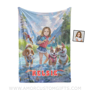 Personalized Dog Patrol Puppies Adventure Summer Fishing Girl Photo Blanket Blankets