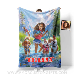 Personalized Dog Patrol Puppies Adventure Summer Fishing Girl Photo Blanket Blankets