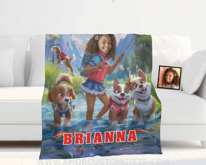 Personalized Dog Patrol Puppies Adventure Summer Fishing Girl Photo Blanket Blankets