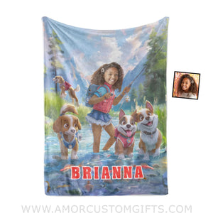 Personalized Dog Patrol Puppies Adventure Summer Fishing Girl Photo Blanket Blankets