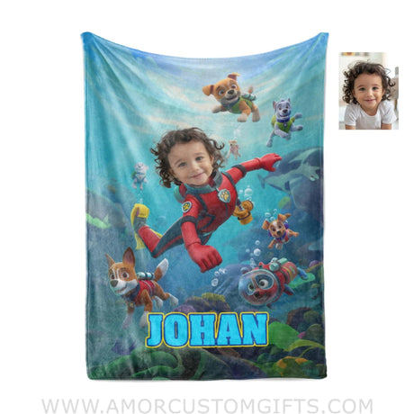 Blankets Personalized Dog Patrol Puppies Adventure Summer Scuba Diving Boy Photo Blanket | Custom Name & Face Boy Blanket