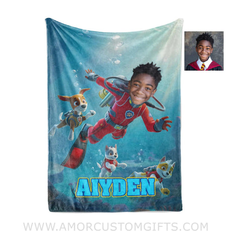 Blankets Personalized Dog Patrol Puppies Adventure Summer Scuba Diving Boy Photo Blanket | Custom Name & Face Boy Blanket