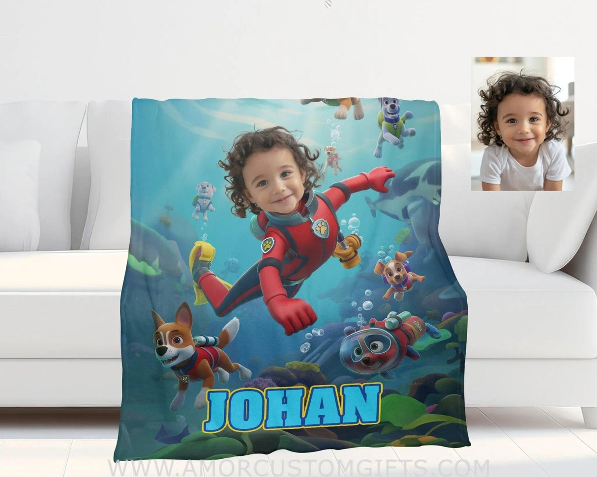 Blankets Personalized Dog Patrol Puppies Adventure Summer Scuba Diving Boy Photo Blanket | Custom Name & Face Boy Blanket