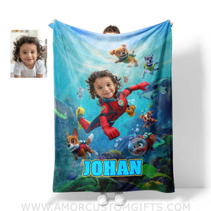 Blankets Personalized Dog Patrol Puppies Adventure Summer Scuba Diving Boy Photo Blanket | Custom Name & Face Boy Blanket