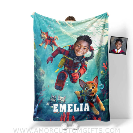 Personalized Dog Patrol Puppies Adventure Summer Scuba Diving Boy Photo Blanket Blankets