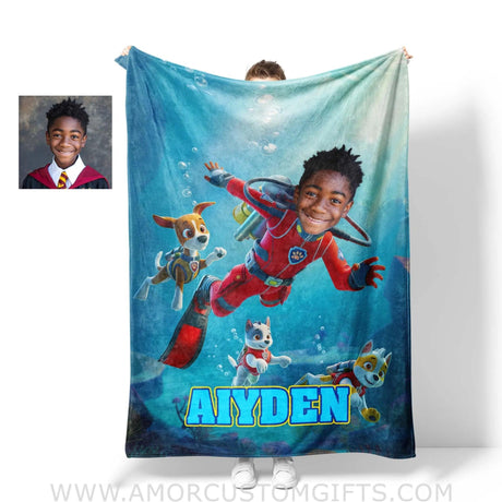 Blankets Personalized Dog Patrol Puppies Adventure Summer Scuba Diving Boy Photo Blanket | Custom Name & Face Boy Blanket