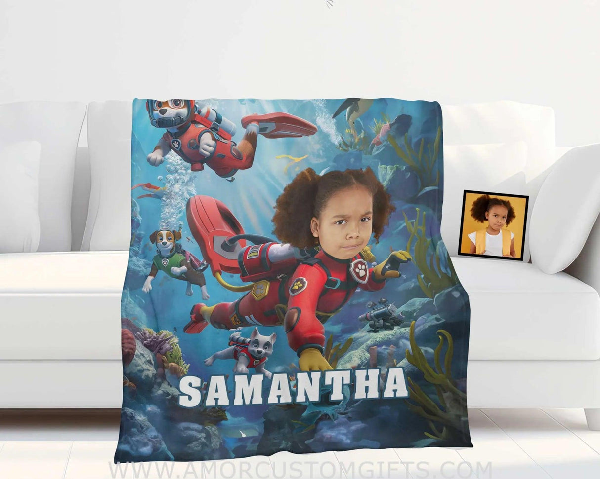 Personalized Dog Patrol Puppies Adventure Summer Scuba Diving Girl Photo Blanket Blankets