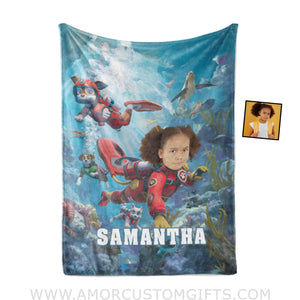 Personalized Dog Patrol Puppies Adventure Summer Scuba Diving Girl Photo Blanket Blankets