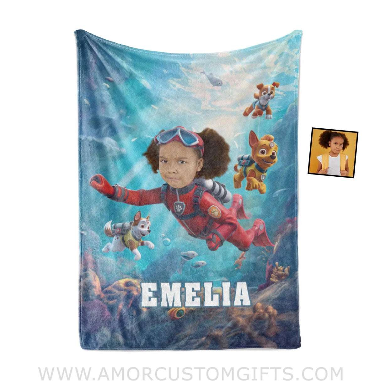 Personalized Dog Patrol Puppies Adventure Summer Scuba Diving Girl Photo Blanket Blankets