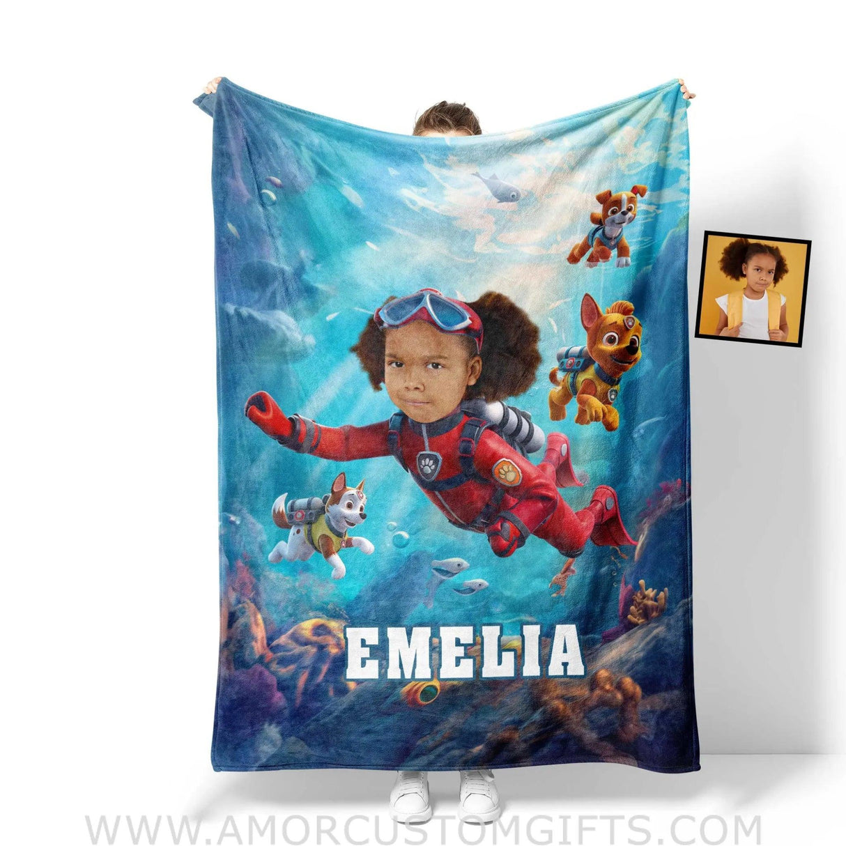 Personalized Dog Patrol Puppies Adventure Summer Scuba Diving Girl Photo Blanket Blankets