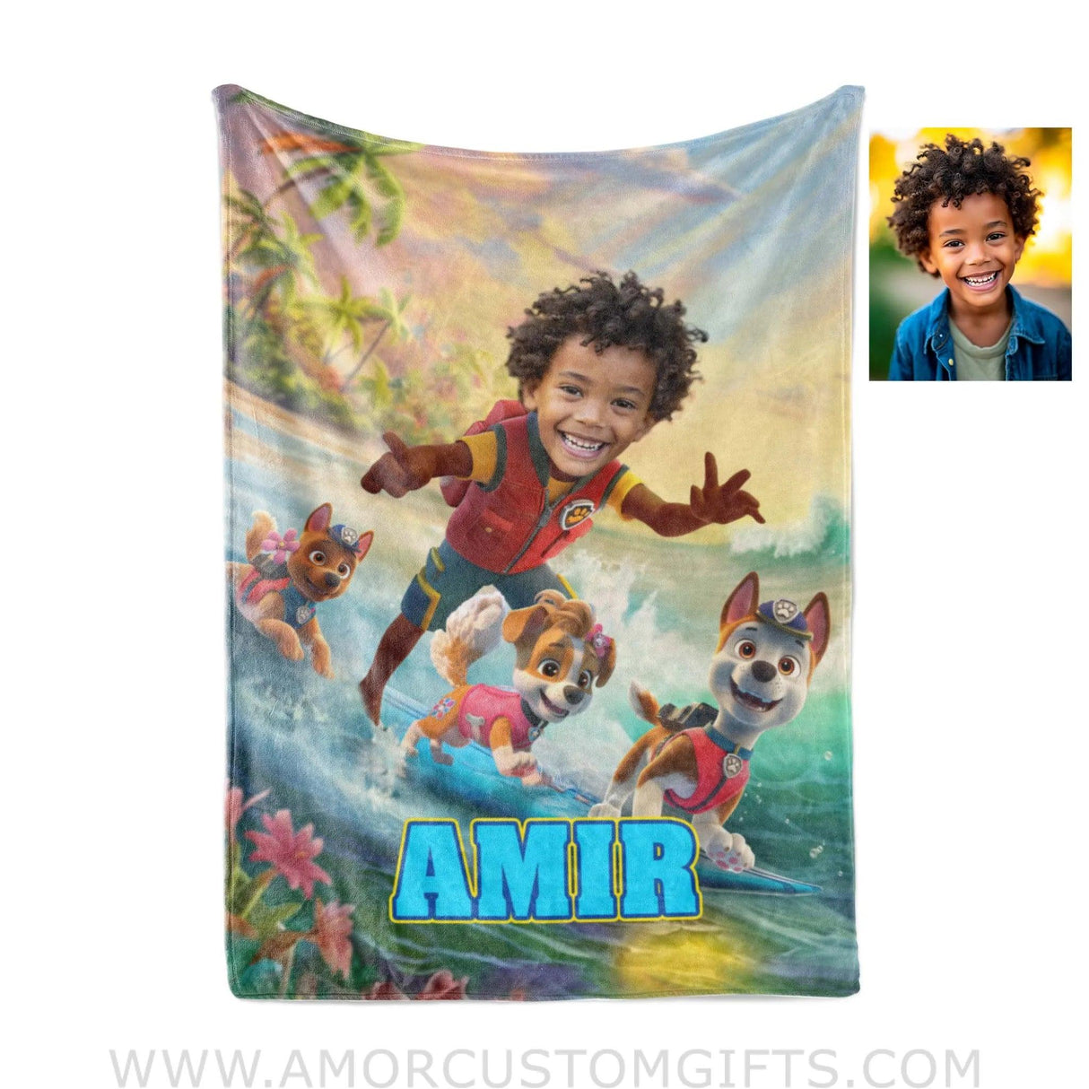 Blankets Personalized Dog Patrol Puppies Adventure Summer Tropical Beach Trip Boy Photo Blanket | Custom Name & Face Boy Blanket