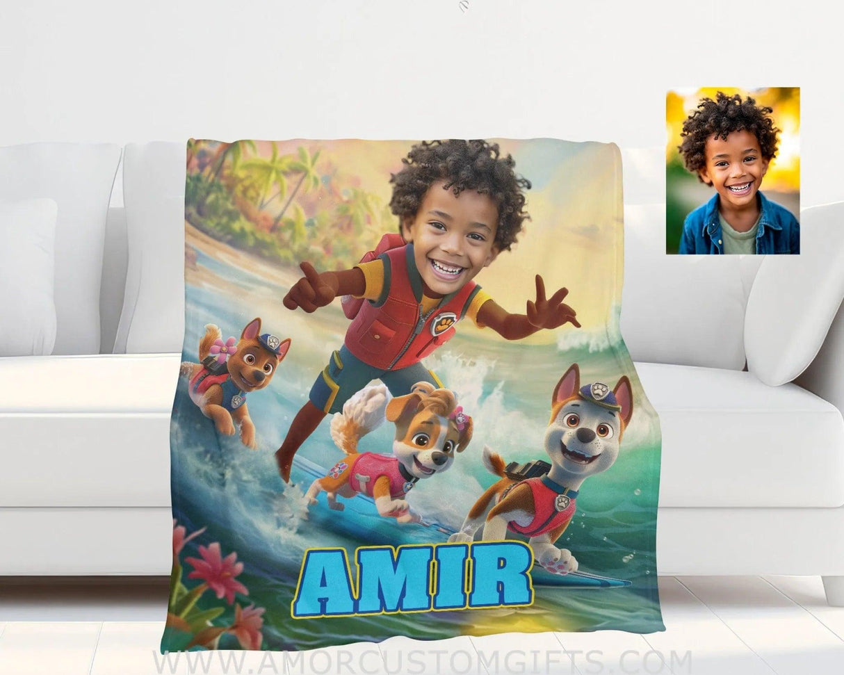 Blankets Personalized Dog Patrol Puppies Adventure Summer Tropical Beach Trip Boy Photo Blanket | Custom Name & Face Boy Blanket