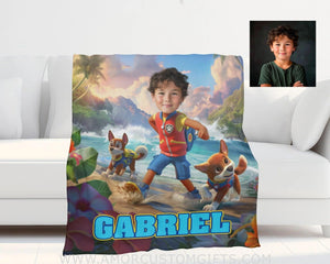 Blankets Personalized Dog Patrol Puppies Adventure Summer Tropical Beach Trip Photo Blanket | Custom Name & Face Boy Blanket