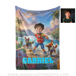 Blankets Personalized Dog Patrol Puppies Adventure Summer Tropical Beach Trip Photo Blanket | Custom Name & Face Boy Blanket