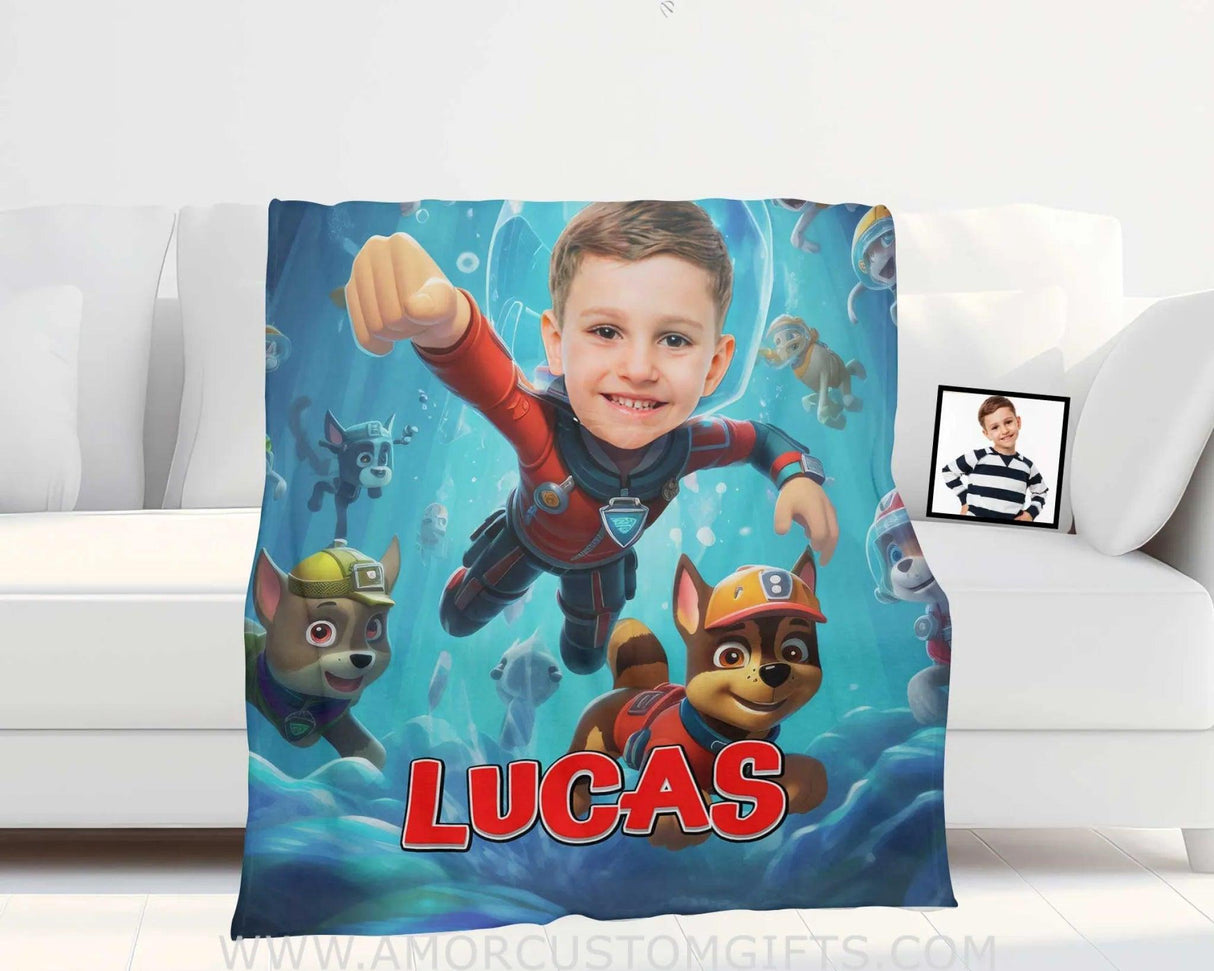 Blankets Personalized Dog Patrol Swimming Blanket | Custom Face & Name Patrol Boy Blanket