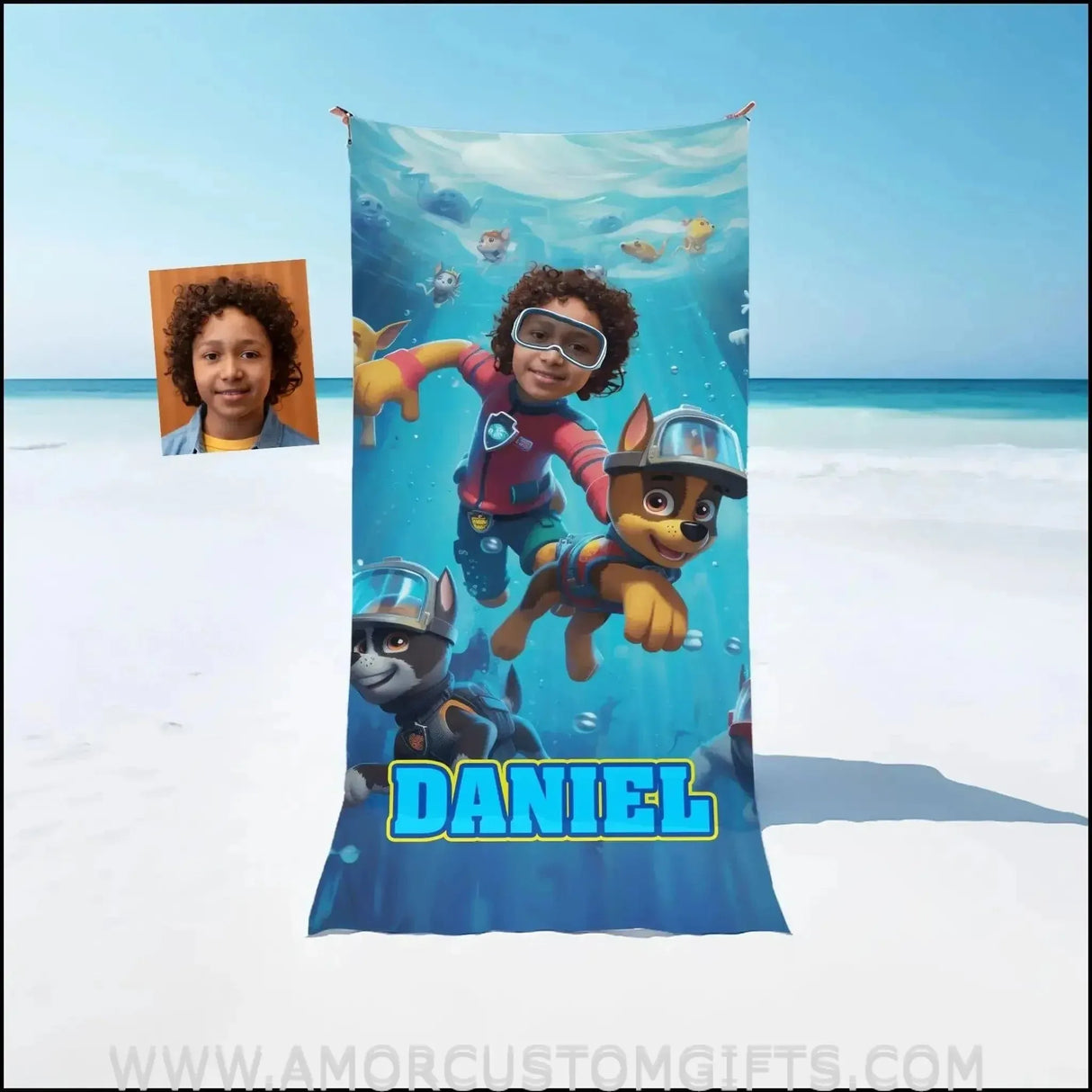 Towels Personalized Dog Patrol Swimming Under The Sea With Pets Beach Towel | Customized Name & Face Boy Towel