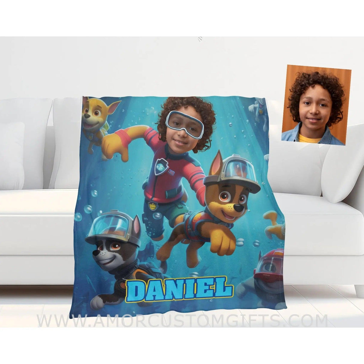 Blankets Personalized Dog Patrol Swimming Under The Sea With Pets Blanket | Custom Face & Name Patrol Boy Blanket