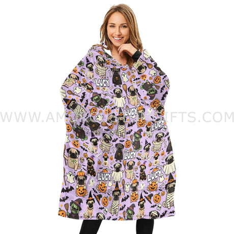 Personalized Dog Pugs Witch Halloween Snug Oversized Wearable Hoodie Blanket-Hoodie Blanket-Amor Custom Gifts