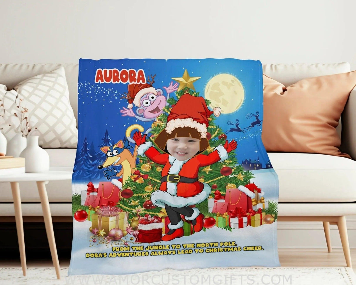 Blankets Personalized Dora The Explorer Xmas Photo Blanket | Custom Name & Face Girl Blanket