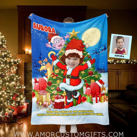 Blankets Personalized Dora The Explorer Xmas Photo Blanket | Custom Name & Face Girl Blanket