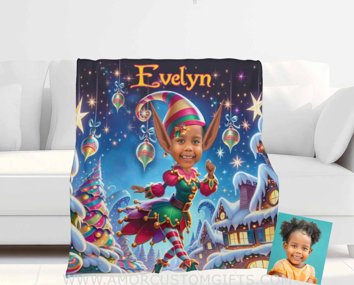 Blankets Personalized ELF Girl 2 Photo Blanket | Custom Face & Name Blanket For Girls