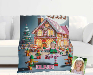 Blankets Personalized ELF Girl Interlocking Building Bricks 6 Photo Blanket | Custom Face & Name Blanket For Girls