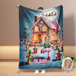 Blankets Personalized ELF Girl Interlocking Building Bricks 6 Photo Blanket | Custom Face & Name Blanket For Girls