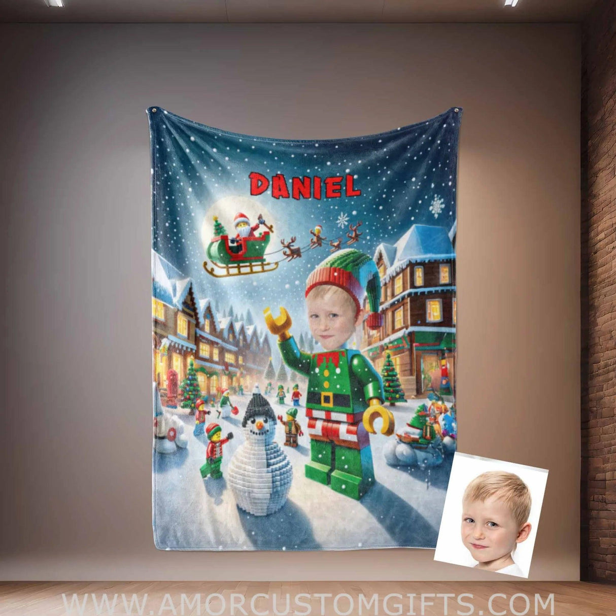 Blankets Personalized ELF Interlocking Building Bricks 1 Photo Blanket | Custom Face & Name Blanket For Boys