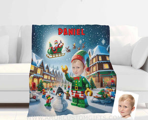 Blankets Personalized ELF Interlocking Building Bricks 1 Photo Blanket | Custom Face & Name Blanket For Boys