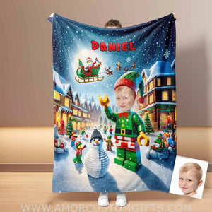 Blankets Personalized ELF Interlocking Building Bricks 1 Photo Blanket | Custom Face & Name Blanket For Boys