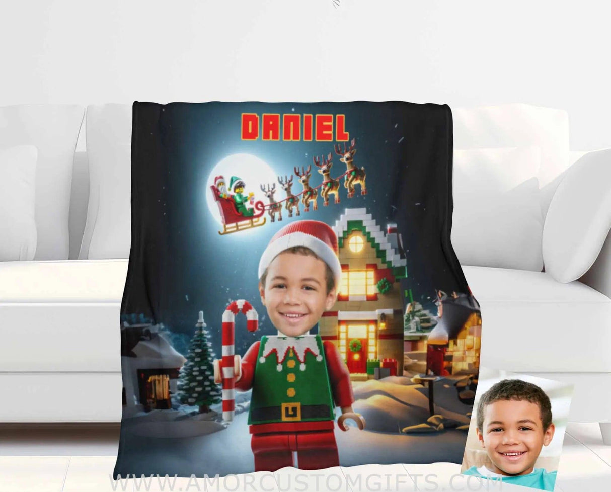 Blankets Personalized ELF Interlocking Building Bricks 2 Photo Blanket | Custom Face & Name Blanket For Boys