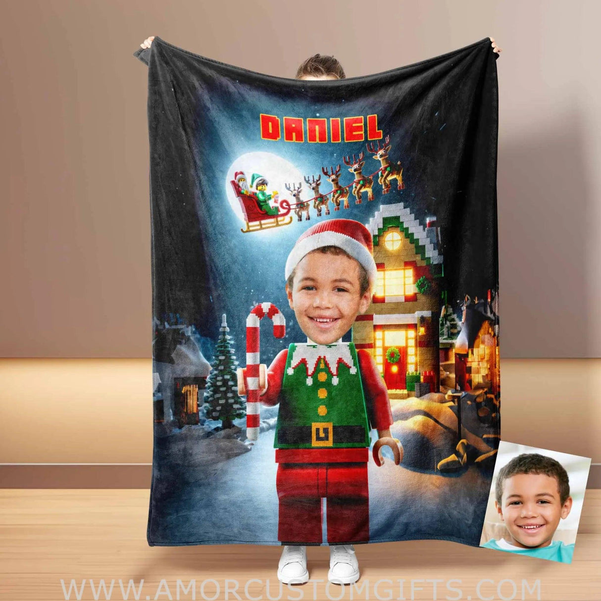 Blankets Personalized ELF Interlocking Building Bricks 2 Photo Blanket | Custom Face & Name Blanket For Boys