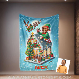 Blankets Personalized ELF Interlocking Building Bricks 3 Photo Blanket | Custom Face & Name Blanket For Boys